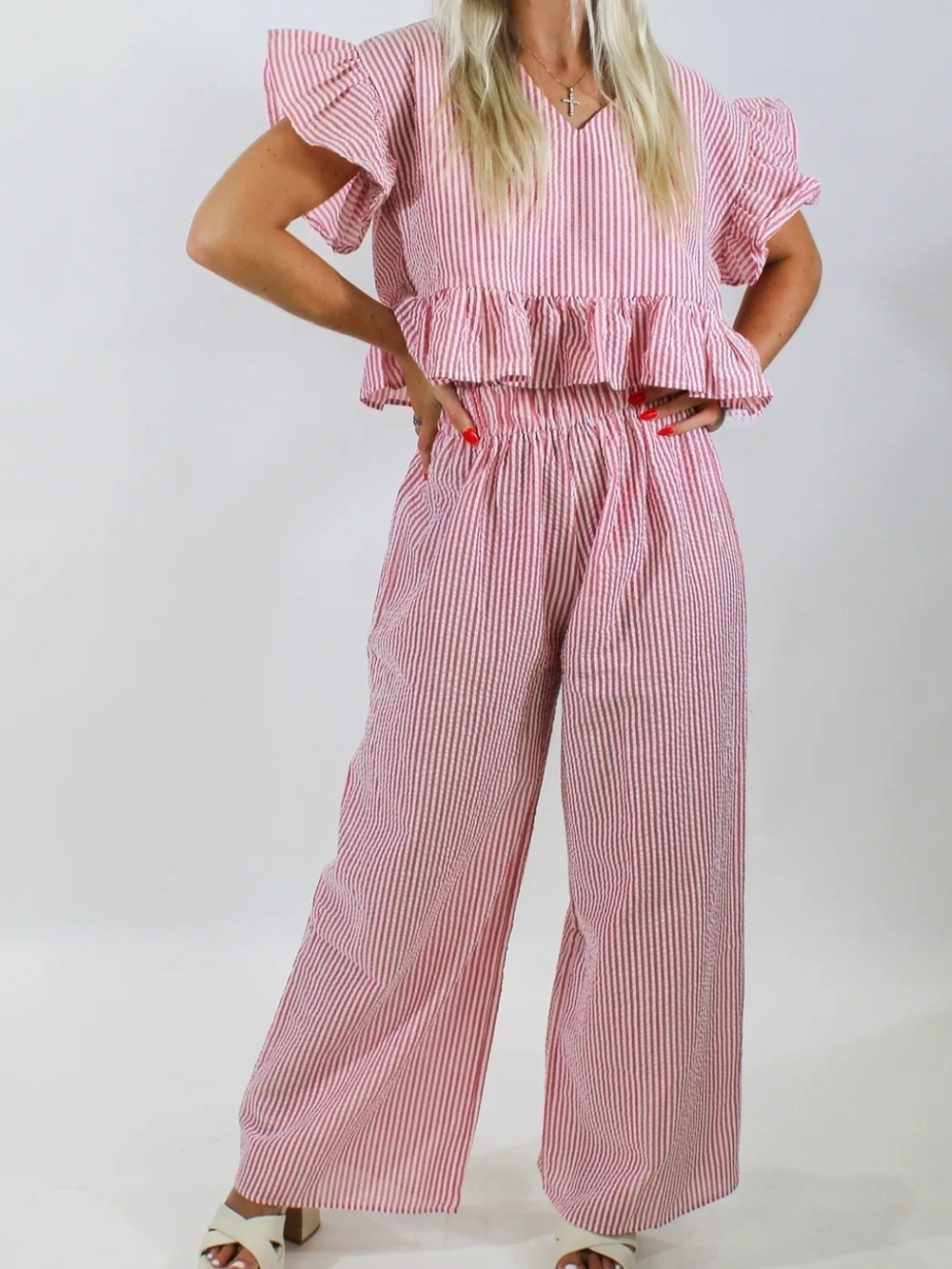 Meet Me in Santorini Red White Striped Ruffle Crop Top Wide Leg Pant Set M